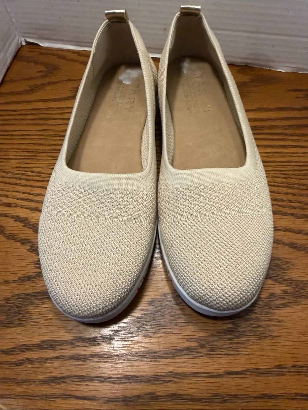Taryn Rose Knit Slip-On Flats tan with gold accents lightweight comfortable - Picture 6 of 9